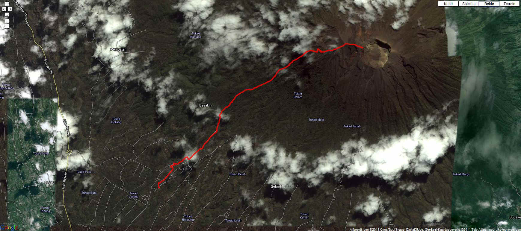 De Gunung Agung afdaling in Google Earth
