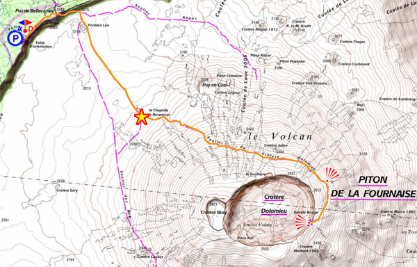 kaart van de wandeling op de Piton de la Fournaise